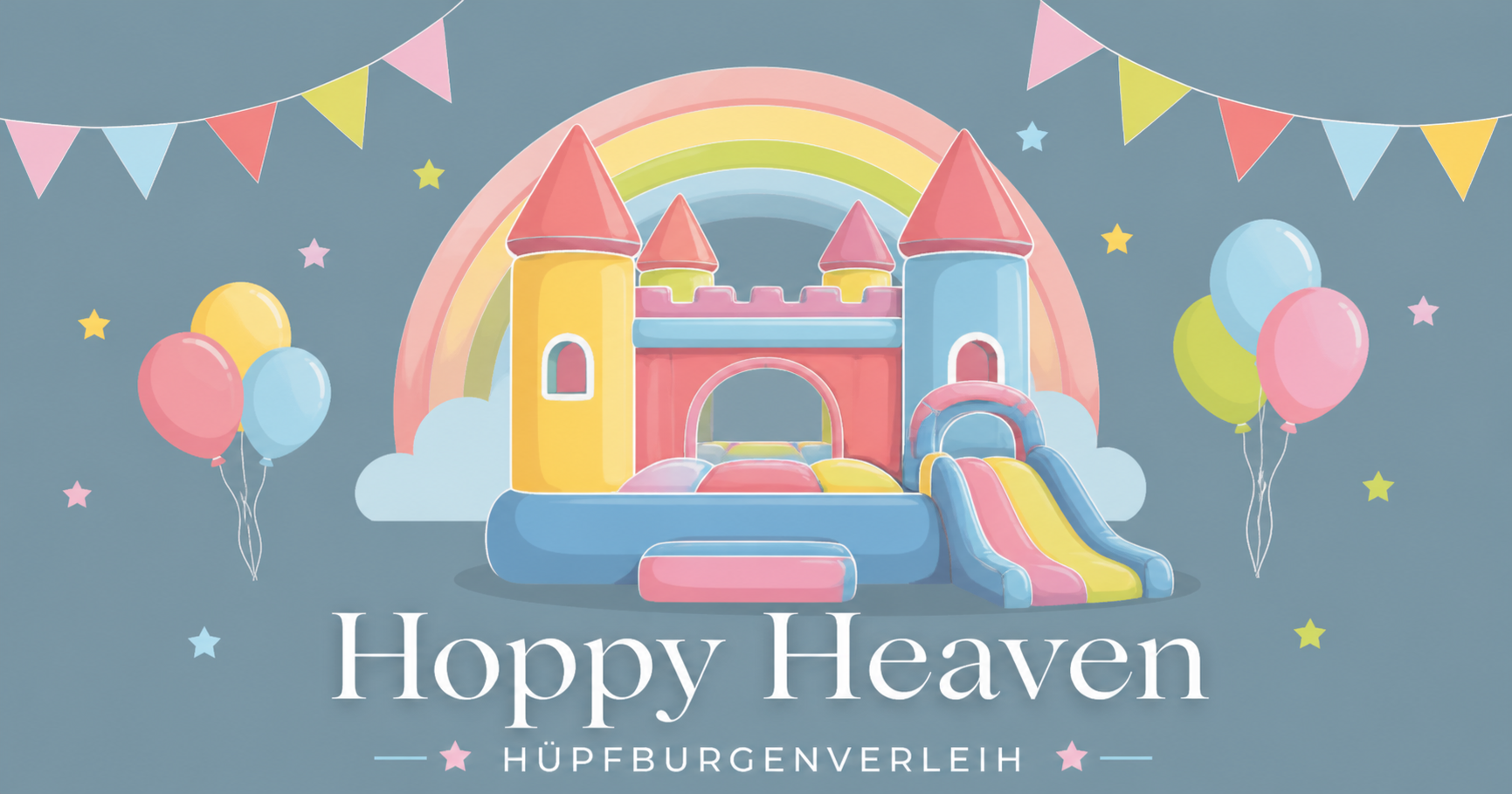 Hoppy Heaven Hüpfburg mit Regenbogen, Luftballons und Wimpelkette